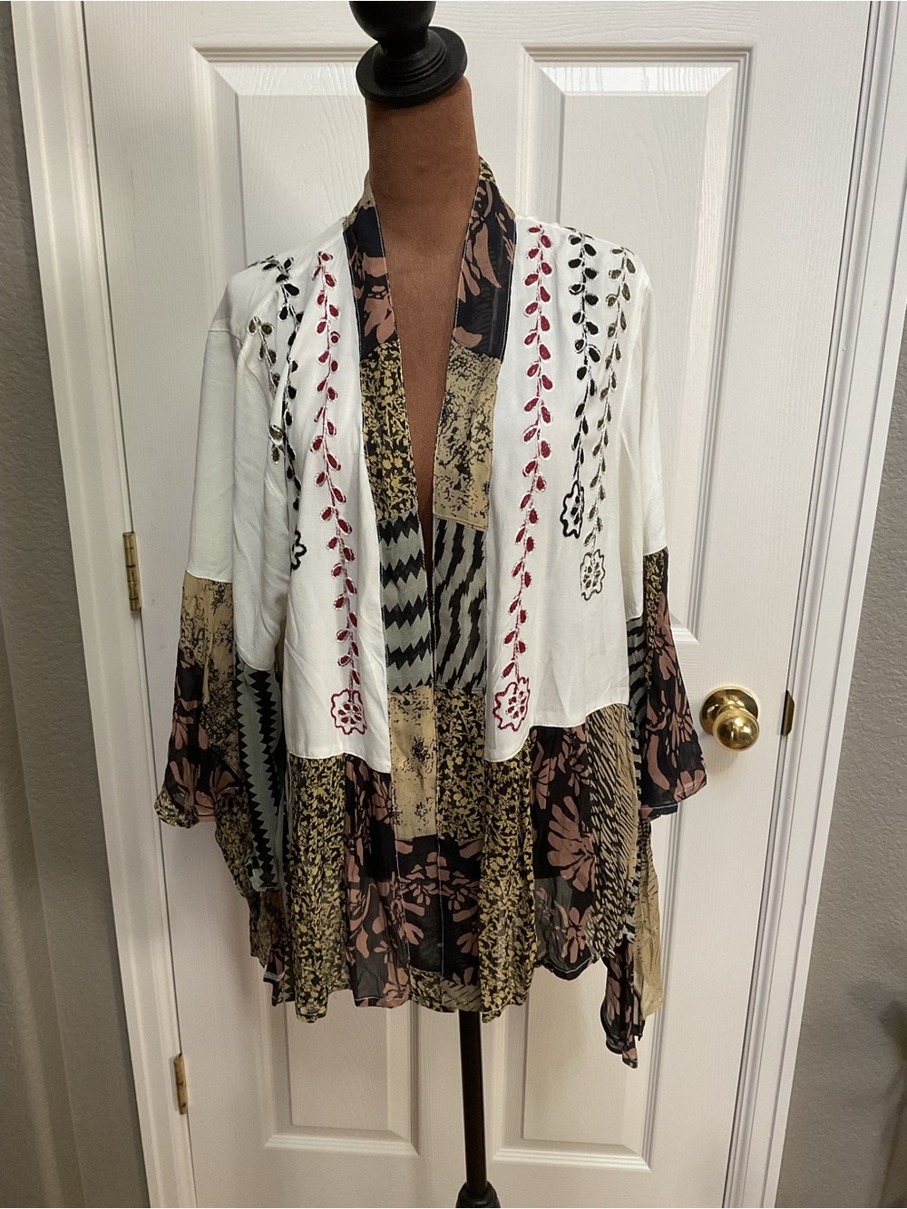 Boho Patchwork Open-Front Tunic Kimono - White Multi